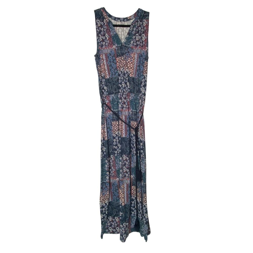 Garnet Hill Blue Patchwork Pattern Banded Collar Knit Maxi Dress Size Medium